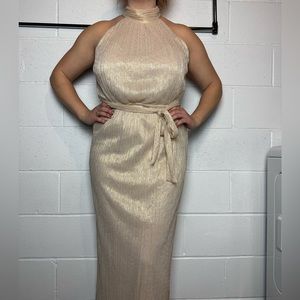 Taylor Gold Threaded Floor Length Halter Top with Waist Tie